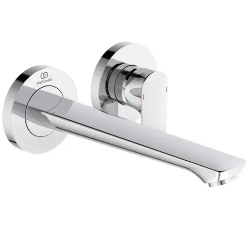 Wandarmatur mit einem langen, schmalen Auslauf und einem glänzenden Chrom-Finish, hergestellt von Ideal Standard. Die Betätigung erfolgt über einen runden, seitlich platzierten Griff.
